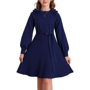 imageGRACE KARIN Girls Sweater Dress Fall Winter Knit Long Sleeve Ribbed Ruffle Waist Tie Size 512 CreamNavy Blue