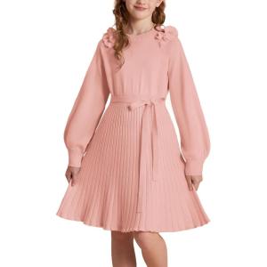imageGRACE KARIN Girls Sweater Dress Fall Winter Knit Long Sleeve Ribbed Ruffle Waist Tie Size 512 CreamPink