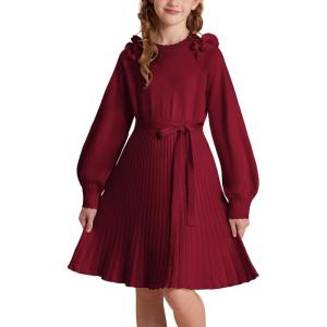 imageGRACE KARIN Girls Sweater Dress Fall Winter Knit Long Sleeve Ribbed Ruffle Waist Tie Size 512 CreamWine Red