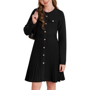 imageGRACE KARIN Girls Sweater Fall Dress Long Sleeve Knit Button Front Pleated ALine Casual Winter Midi Dresses 514YBlack
