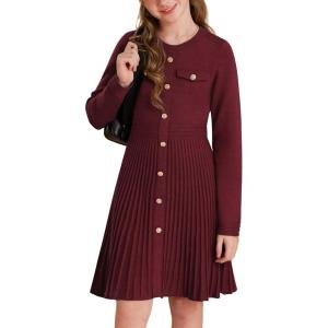 imageGRACE KARIN Girls Sweater Fall Dress Long Sleeve Knit Button Front Pleated ALine Casual Winter Midi Dresses 514YBurgundy