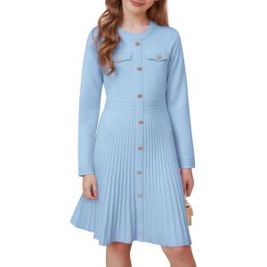 imageGRACE KARIN Girls Sweater Fall Dress Long Sleeve Knit Button Front Pleated ALine Casual Winter Midi Dresses 514YLight Blue