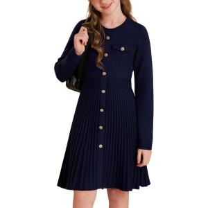imageGRACE KARIN Girls Sweater Fall Dress Long Sleeve Knit Button Front Pleated ALine Casual Winter Midi Dresses 514YNavy Blue