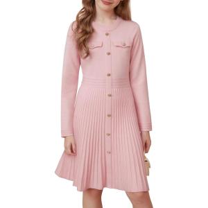 imageGRACE KARIN Girls Sweater Fall Dress Long Sleeve Knit Button Front Pleated ALine Casual Winter Midi Dresses 514YPink