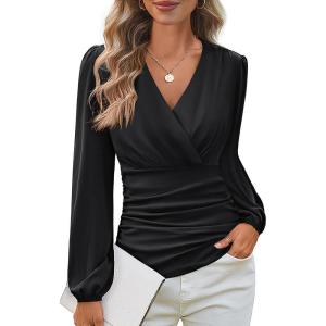 imageGRACE KARIN Long Sleeve Blouses for Women Dressy Casual Elegant Wrap Tops V Neck Work Shirts 2025 Fall Business OutfitsBlack