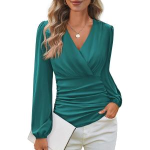 imageGRACE KARIN Long Sleeve Blouses for Women Dressy Casual Elegant Wrap Tops V Neck Work Shirts 2025 Fall Business OutfitsBlue Green