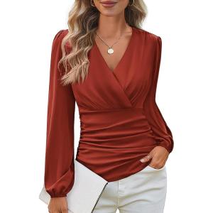 imageGRACE KARIN Long Sleeve Blouses for Women Dressy Casual Elegant Wrap Tops V Neck Work Shirts 2025 Fall Business OutfitsCaramel