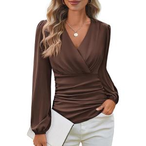 imageGRACE KARIN Long Sleeve Blouses for Women Dressy Casual Elegant Wrap Tops V Neck Work Shirts 2025 Fall Business OutfitsCoffee