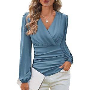 imageGRACE KARIN Long Sleeve Blouses for Women Dressy Casual Elegant Wrap Tops V Neck Work Shirts 2025 Fall Business OutfitsHaze Blue