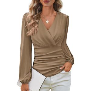 imageGRACE KARIN Long Sleeve Blouses for Women Dressy Casual Elegant Wrap Tops V Neck Work Shirts 2025 Fall Business OutfitsKhaki