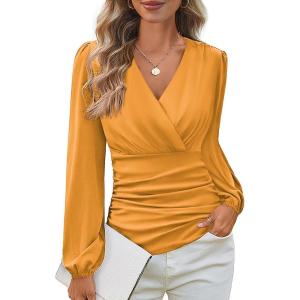 imageGRACE KARIN Long Sleeve Blouses for Women Dressy Casual Elegant Wrap Tops V Neck Work Shirts 2025 Fall Business OutfitsMustard Yellow
