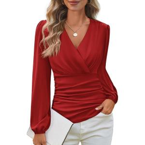 imageGRACE KARIN Long Sleeve Blouses for Women Dressy Casual Elegant Wrap Tops V Neck Work Shirts 2025 Fall Business OutfitsRed
