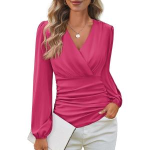 imageGRACE KARIN Long Sleeve Blouses for Women Dressy Casual Elegant Wrap Tops V Neck Work Shirts 2025 Fall Business OutfitsRose Red