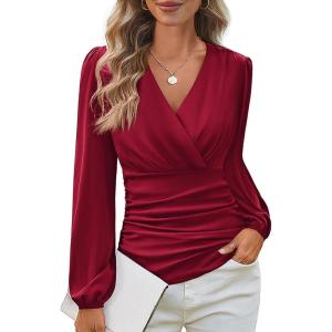 imageGRACE KARIN Long Sleeve Blouses for Women Dressy Casual Elegant Wrap Tops V Neck Work Shirts 2025 Fall Business OutfitsWine Red