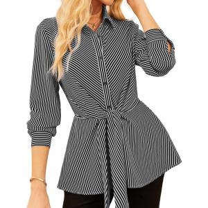 imageGRACE KARIN Peplum Tops for Women Tie Front Striped Button Down Shirt Collared Long Sleeve Business Casual Work Office BlouseBlack
