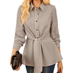imageGRACE KARIN Peplum Tops for Women Tie Front Striped Button Down Shirt Collared Long Sleeve Business Casual Work Office BlouseBrown