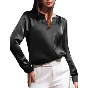 imageGRACE KARIN Women Blouses Dressy Casual Long Sleeve Satin Silk Shirts for Work Basic Tops V Neck Fashion Outfits TrendyBlack