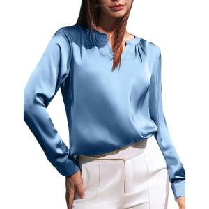 imageGRACE KARIN Women Blouses Dressy Casual Long Sleeve Satin Silk Shirts for Work Basic Tops V Neck Fashion Outfits TrendyGrey Blue