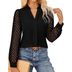 imageGRACE KARIN Women Business Casual Tops Sheer Lace Long Sleeve Blouses Work Office Pleated V Neck Shirt Fall Formal OutfitsBlack