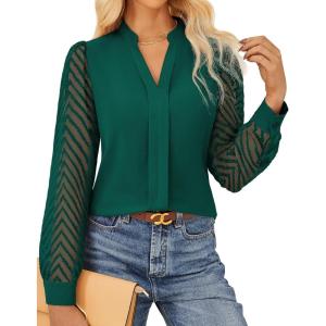 imageGRACE KARIN Women Business Casual Tops Sheer Lace Long Sleeve Blouses Work Office Pleated V Neck Shirt Fall Formal OutfitsGreen