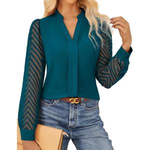 imageGRACE KARIN Women Business Casual Tops Sheer Lace Long Sleeve Blouses Work Office Pleated V Neck Shirt Fall Formal OutfitsPeacock Blue