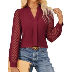 imageGRACE KARIN Women Business Casual Tops Sheer Lace Long Sleeve Blouses Work Office Pleated V Neck Shirt Fall Formal OutfitsWine Red