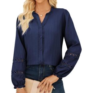 imageGRACE KARIN Women Dressy Casual Tops Long Sleeve Button Down Ruffle V Neck Blouse Business Work Shirt Summer Fall OutfitNavy Blue