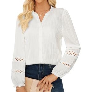 imageGRACE KARIN Women Dressy Casual Tops Long Sleeve Button Down Ruffle V Neck Blouse Business Work Shirt Summer Fall OutfitWhite