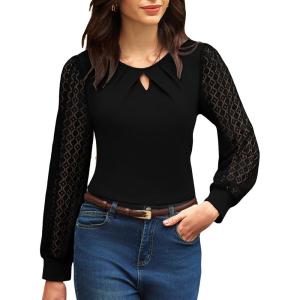 imageGRACE KARIN Women Lace Long Sleeve Shirts Dressy Business Casual Blouses Crew Neck Work Tops Fall ClothesBlack