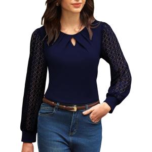 imageGRACE KARIN Women Lace Long Sleeve Shirts Dressy Business Casual Blouses Crew Neck Work Tops Fall ClothesDark Blue