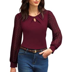 imageGRACE KARIN Women Lace Long Sleeve Shirts Dressy Business Casual Blouses Crew Neck Work Tops Fall ClothesWine Red