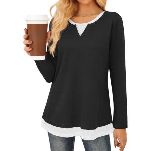 imageGRACE KARIN Women Long Sleeve Shirt2025 Fall Casual Crew Neck Tunic TopWaffle Knit Color Block Basic OutfitsBlack