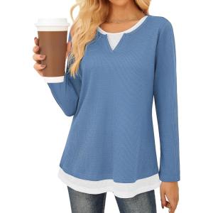 imageGRACE KARIN Women Long Sleeve Shirt2025 Fall Casual Crew Neck Tunic TopWaffle Knit Color Block Basic OutfitsBlue