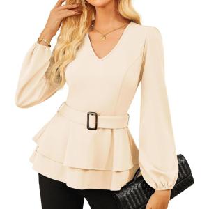 imageGRACE KARIN Women Work Peplum TopsLong Sleeve Dressy Casual BlousesV Neck Business Shirt Fall Outfits with BeltApricot
