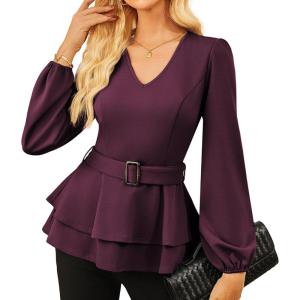 imageGRACE KARIN Women Work Peplum TopsLong Sleeve Dressy Casual BlousesV Neck Business Shirt Fall Outfits with BeltDark Red