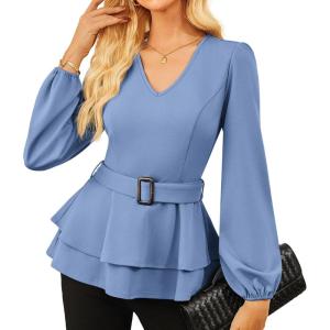 imageGRACE KARIN Women Work Peplum TopsLong Sleeve Dressy Casual BlousesV Neck Business Shirt Fall Outfits with BeltSky Blue