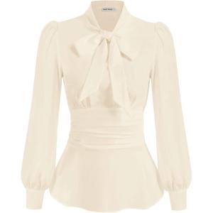 imageGRACE KARIN Womens 2025 Long Sleeve Peplum Dressy Shirt Office Bow Tie Work Blouses Tops Smocked WaistBeige