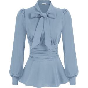 imageGRACE KARIN Womens 2025 Long Sleeve Peplum Dressy Shirt Office Bow Tie Work Blouses Tops Smocked WaistBlue
