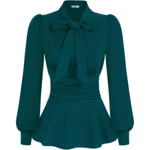 imageGRACE KARIN Womens 2025 Long Sleeve Peplum Dressy Shirt Office Bow Tie Work Blouses Tops Smocked WaistBluegreen