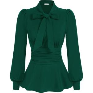 imageGRACE KARIN Womens 2025 Long Sleeve Peplum Dressy Shirt Office Bow Tie Work Blouses Tops Smocked WaistDark Green