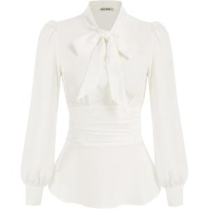 imageGRACE KARIN Womens 2025 Long Sleeve Peplum Dressy Shirt Office Bow Tie Work Blouses Tops Smocked WaistIvory