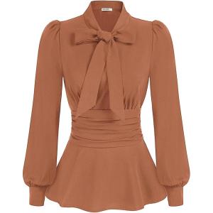 imageGRACE KARIN Womens 2025 Long Sleeve Peplum Dressy Shirt Office Bow Tie Work Blouses Tops Smocked WaistKhaki