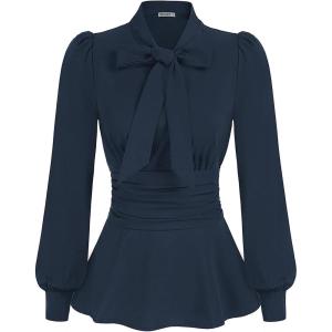 imageGRACE KARIN Womens 2025 Long Sleeve Peplum Dressy Shirt Office Bow Tie Work Blouses Tops Smocked WaistNavy Blue