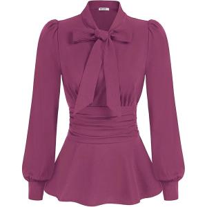 imageGRACE KARIN Womens 2025 Long Sleeve Peplum Dressy Shirt Office Bow Tie Work Blouses Tops Smocked WaistPurple Red
