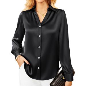 imageGRACE KARIN Womens Business Casual Tops Long Sleeve Satin Silk Blouse Button Down Work Shirts Dressy Tops Fall Fashion 2025Black