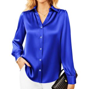 imageGRACE KARIN Womens Business Casual Tops Long Sleeve Satin Silk Blouse Button Down Work Shirts Dressy Tops Fall Fashion 2025Royal Blue
