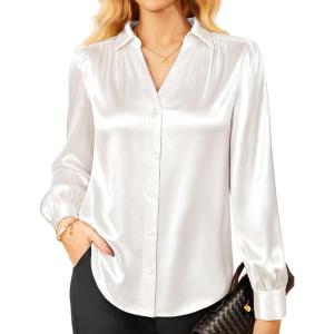imageGRACE KARIN Womens Business Casual Tops Long Sleeve Satin Silk Blouse Button Down Work Shirts Dressy Tops Fall Fashion 2025White