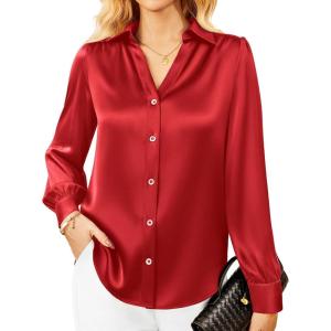 imageGRACE KARIN Womens Business Casual Tops Long Sleeve Satin Silk Blouse Button Down Work Shirts Dressy Tops Fall Fashion 2025Wine Red