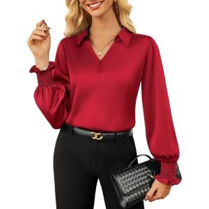 imageGRACE KARIN Womens Dressy Business Casual Blouses Satin Silk Collared V Neck Tops Lantern Long Sleeve Shirt for Work OfficeRed