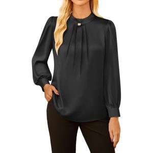 imageGRACE KARIN Womens Long Sleeve Business Casual Tops Dressy Silk Satin Blouse Pleated Mock Neck Shirts Office WorkBlack